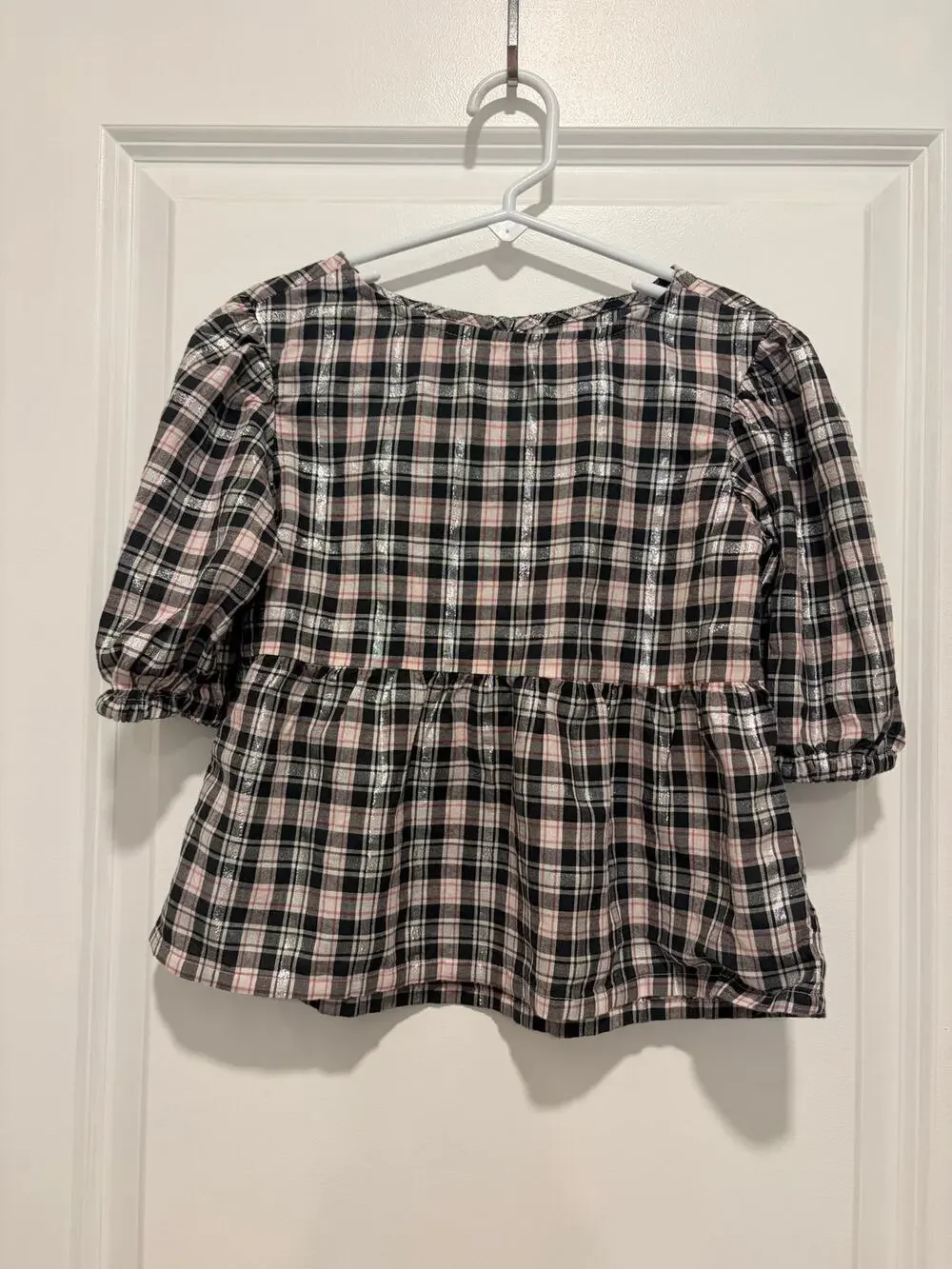 Old Navy Toddler Girl Metallic Plaid Puff Sleeve Peplum Top